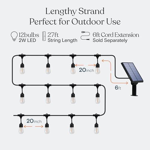 Brightech Ambience Pro 27 Ft Solar Powered Outdoor String Lights - Commercial Grade Waterproof Patio Lights with Edison Globes, Shatterproof LED String Lights for Patio - 2W, Warm White, 12 Bulbs - Image 4