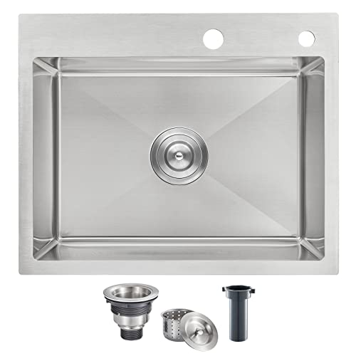 ROVOGO 22"x18"x9" Drop in Kitchen Sink Single Bowl, 304 Stainless Steel Modern Sink Handmade, Top Mount Sink 2-Hole with Drain Assembly, Brushed - Image 1