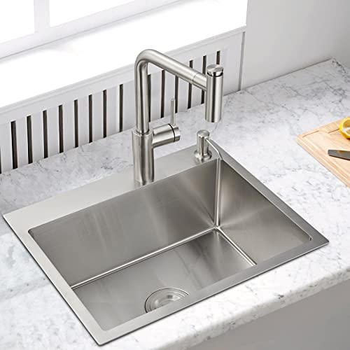 ROVOGO 22"x18"x9" Drop in Kitchen Sink Single Bowl, 304 Stainless Steel Modern Sink Handmade, Top Mount Sink 2-Hole with Drain Assembly, Brushed - Image 2