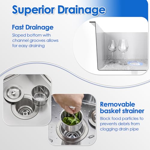 ROVOGO 22"x18"x9" Drop in Kitchen Sink Single Bowl, 304 Stainless Steel Modern Sink Handmade, Top Mount Sink 2-Hole with Drain Assembly, Brushed - Image 5
