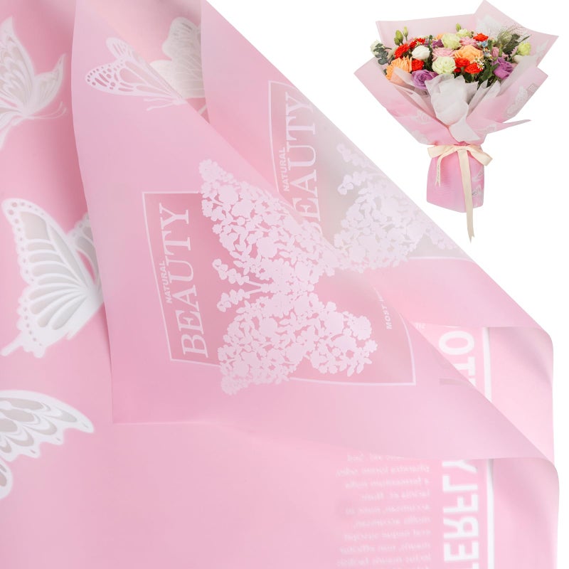 NESCCI 20 Sheet Flower Wrapping Paper - Waterproof Floral Bouquet Wrapping Paper, Florist Supplies Packaging Paper for Wedding Birthday Gift DIY (Butterfly Pink) - Image 1