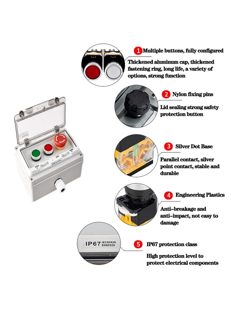 Push Button Station, IP67 Outdoor Waterproof Button Switch Box Emergency Stop Button Switch, Key Button Switch and Green Instantaneous Button Switch with Protective Cover Anti-Misoperation Switch