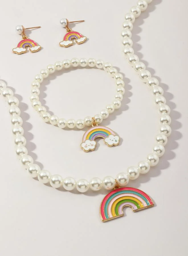 Take Two  Girls Pearl and Rainbow Charm Necklace, Bracelet and Earrings Set for Women | Best Price UAE