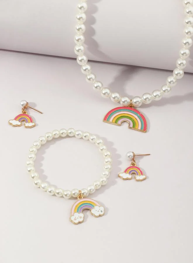 Girls Pearl and Rainbow Charm Necklace, Bracelet and Earrings Set