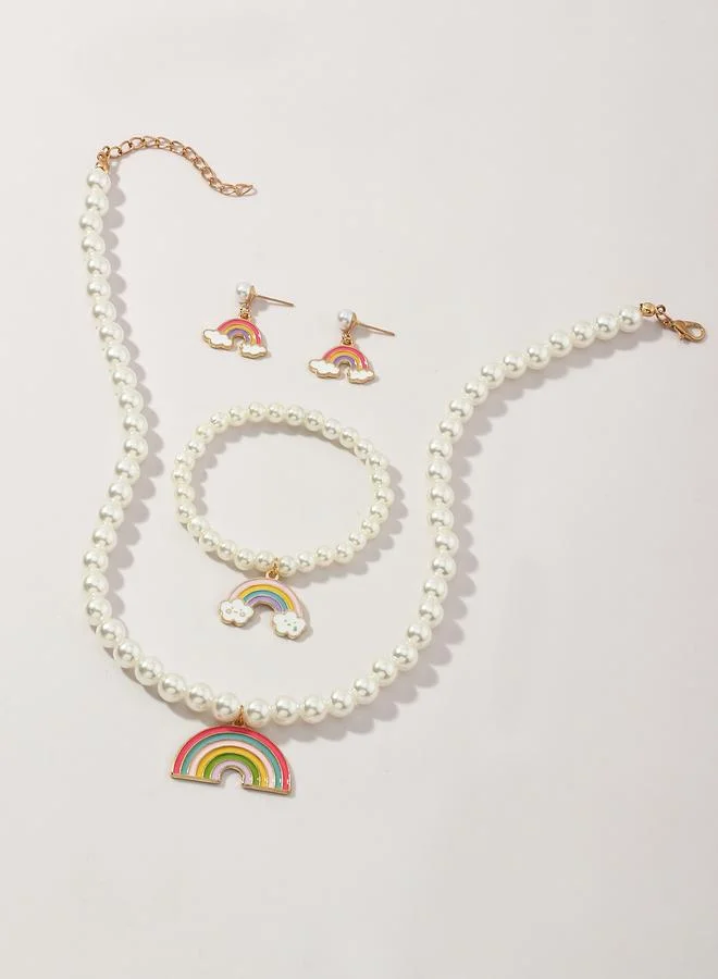 Take Two  Girls Pearl and Rainbow Charm Necklace, Bracelet and Earrings Set for Women | Best Price UAE