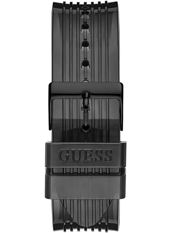 GUESS Men's Sport Multifunction 46mm Watch â€“ Black Dial Gold-Tone Stainless Steel Case with Black Bio-Based Polyurethane Strap - Image 4