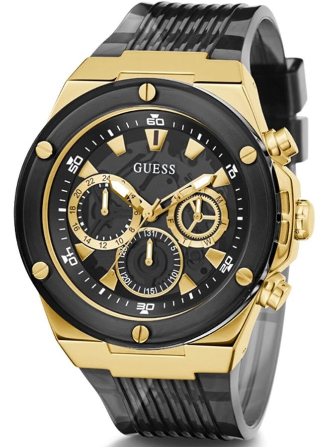 GUESS Men's Sport Multifunction 46mm Watch â€“ Black Dial Gold-Tone Stainless Steel Case with Black Bio-Based Polyurethane Strap - Image 2