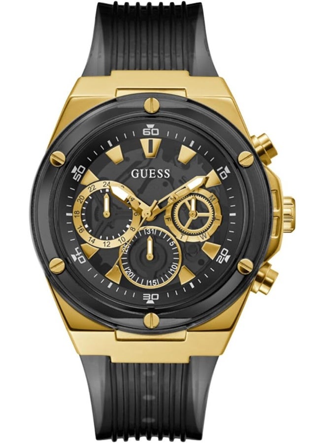 GUESS Men's Sport Multifunction 46mm Watch â€“ Black Dial Gold-Tone Stainless Steel Case with Black Bio-Based Polyurethane Strap - Image 1