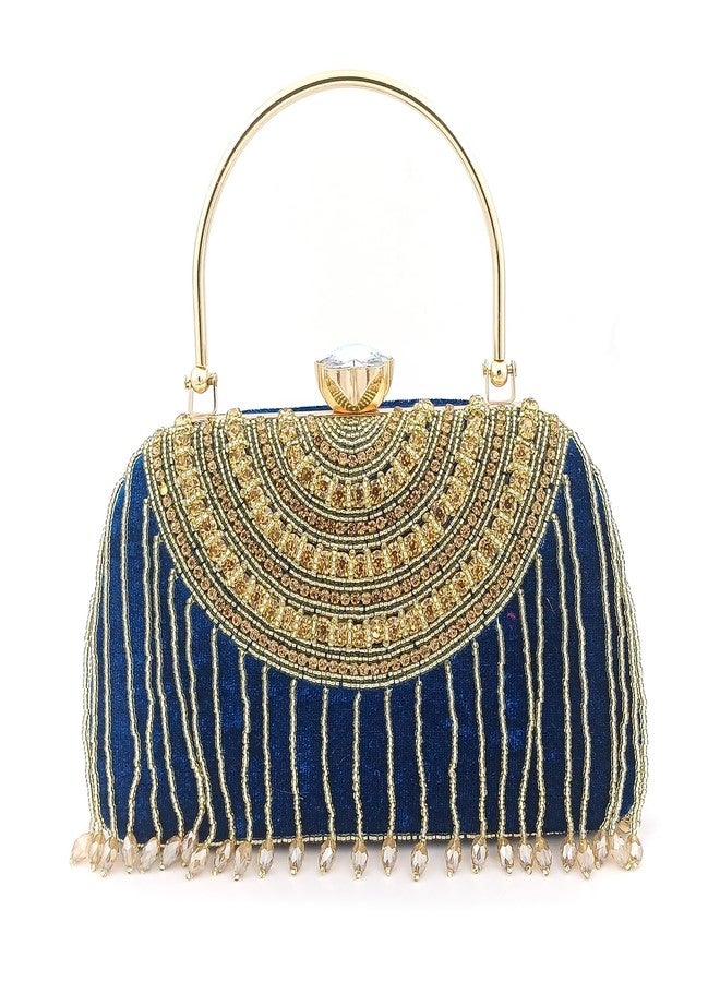 ZAIB Handcrafted Pearl & Stone Pendant Bridal Clutch | Velvet Fabric Clutch for Women | Wedding, Engagement, & Festive Evening Bag (57NO-HC-PENDT - Dark Blue) - Image 1