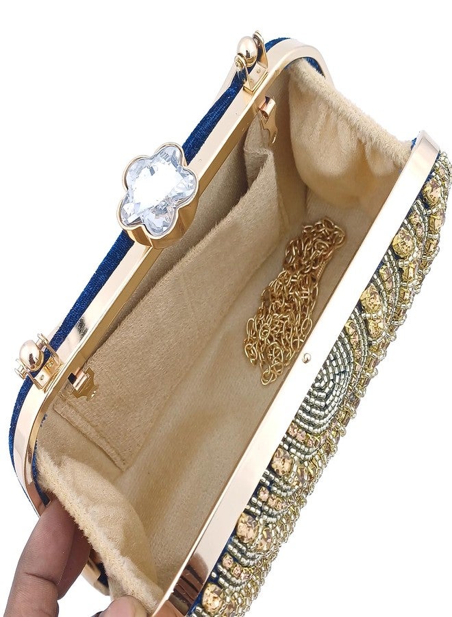 ZAIB Handcrafted Pearl & Stone Pendant Bridal Clutch | Velvet Fabric Clutch for Women | Wedding, Engagement, & Festive Evening Bag (57NO-HC-PENDT - Dark Blue) - Image 5