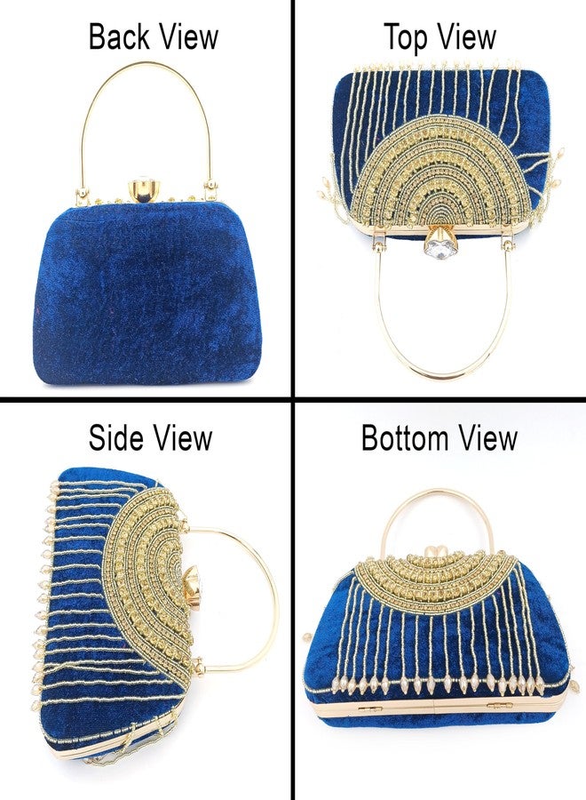 ZAIB Handcrafted Pearl & Stone Pendant Bridal Clutch | Velvet Fabric Clutch for Women | Wedding, Engagement, & Festive Evening Bag (57NO-HC-PENDT - Dark Blue) - Image 4