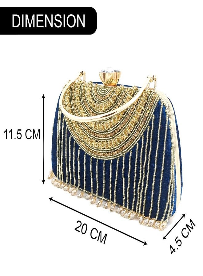 ZAIB Handcrafted Pearl & Stone Pendant Bridal Clutch | Velvet Fabric Clutch for Women | Wedding, Engagement, & Festive Evening Bag (57NO-HC-PENDT - Dark Blue) - Image 3
