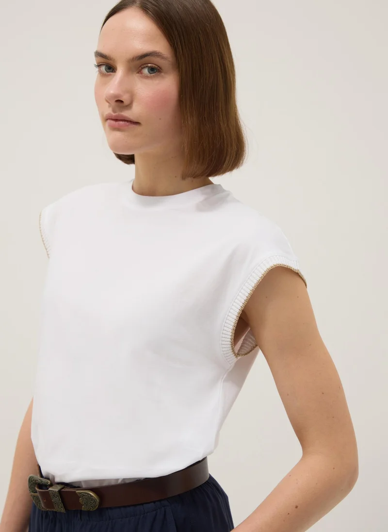 او في اس OVS White Sleeveless Pure Cotton T-Shirt, Regular Fit