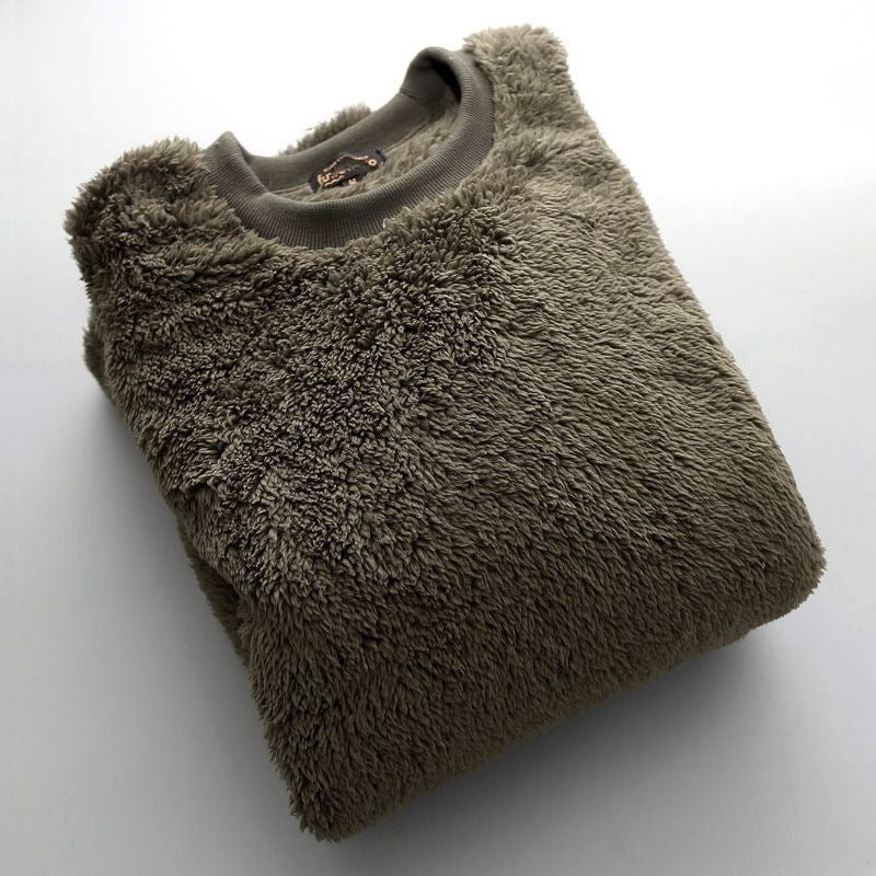 Double-Sided Coral Velvet Sweatshirt Mens Autumn and Winter New Retro Round Neck Pullover Warm Bottoming Shirt Top Jacket Military green [thick velvet]