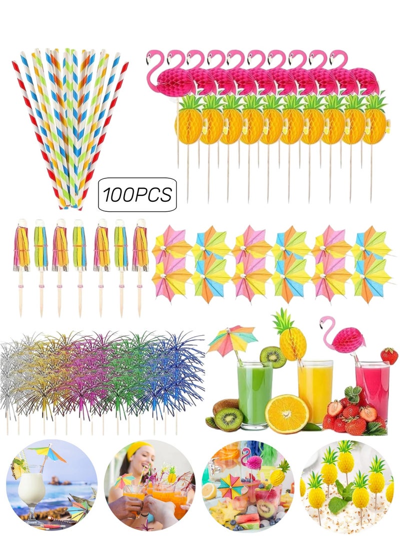 Eilimi 100 Pcs Food Party Toothpicks,Drinks Decorations Accessories Including Umbrellas,Stirrers,Reusable Paper Straws,Sparkler Sticks,Pineapple Stirrers,Flamingo Stirrers for Beach - Image 1