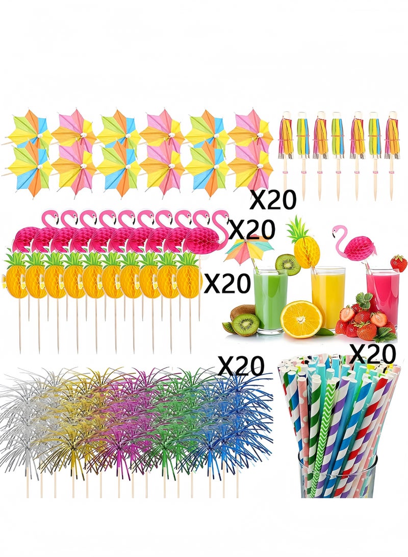 Eilimi 100 Pcs Food Party Toothpicks,Drinks Decorations Accessories Including Umbrellas,Stirrers,Reusable Paper Straws,Sparkler Sticks,Pineapple Stirrers,Flamingo Stirrers for Beach - Image 2