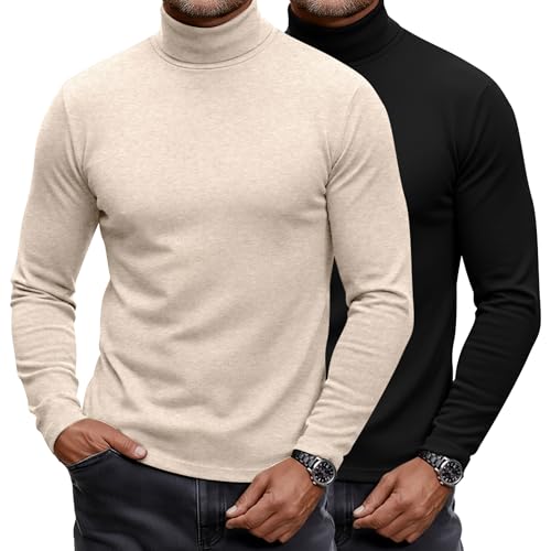 Ficerd 2 Pack Men's Turtle Neck Shirts, Lightweight Cotton Pullover Sweater Slim Fit Mock Turtleneck Knitted Long Sleeve Tops (Black, Apricot,X-Large) - Image 1