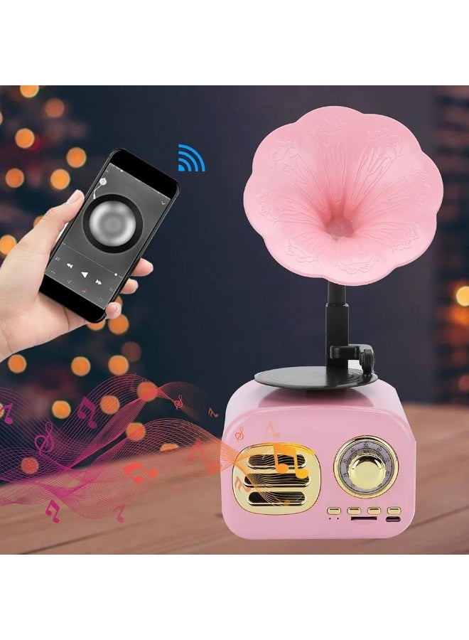 Retro Bluetooth Speaker, Mini Gramophone Phonograph Speaker, Antique Design Bluetooth Speaker for Bedroom and Home Decor, Retro Music Player (Pink)  - Image 4
