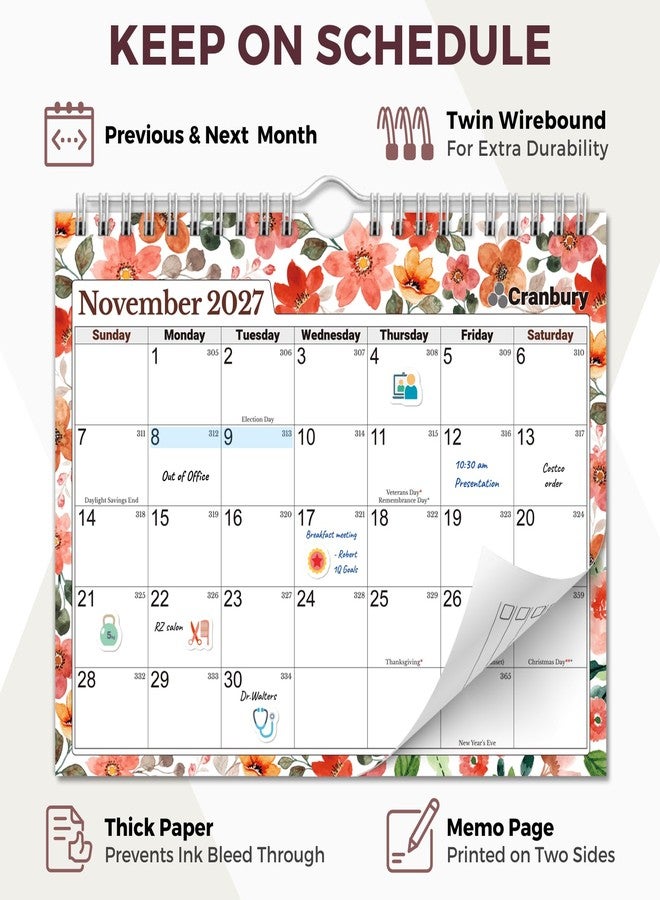 CRANBURY Wall Calendar 2026-2027, 8x6", 18 Months Jul. 2026 to Dec. 2027, Thick Paper, Small Desk & Wall Planner for Office, School, Mini Monthly Hanging Calendar with Stickers, Floral - Image 4