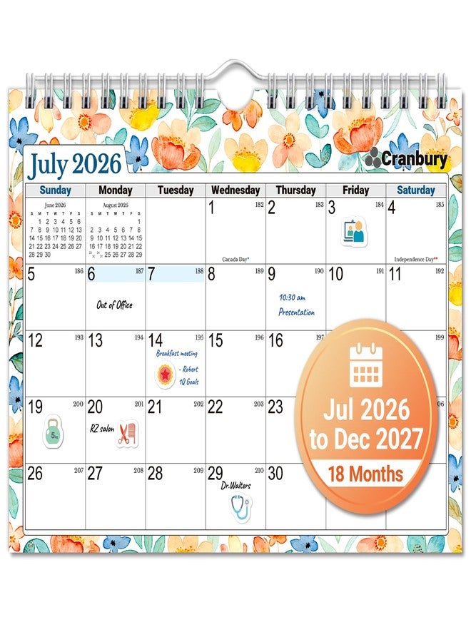 CRANBURY Wall Calendar 2026-2027, 8x6", 18 Months Jul. 2026 to Dec. 2027, Thick Paper, Small Desk & Wall Planner for Office, School, Mini Monthly Hanging Calendar with Stickers, Floral - Image 1