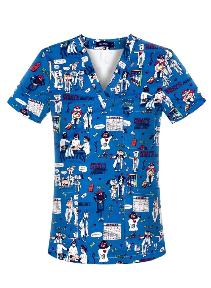 Loquat Cartoon Printed V-Neck Medical Uniform Scrubs Top Comfty Soft Workwear