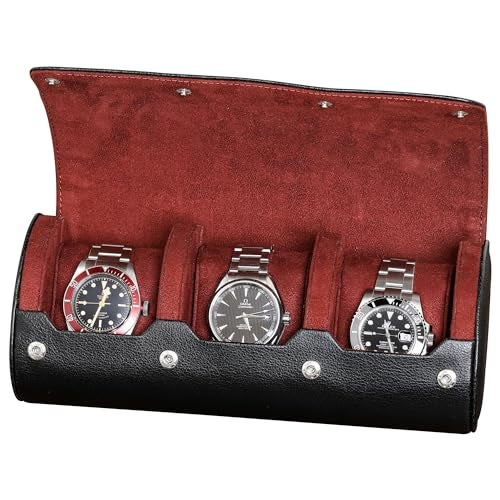 ROTHWELL Watch Roll Travel Case for 3 Watches | Tough Portable Protection, Fits All Wrist Watch & Smart Watches Up to 50mm (Black/Red) - Image 1