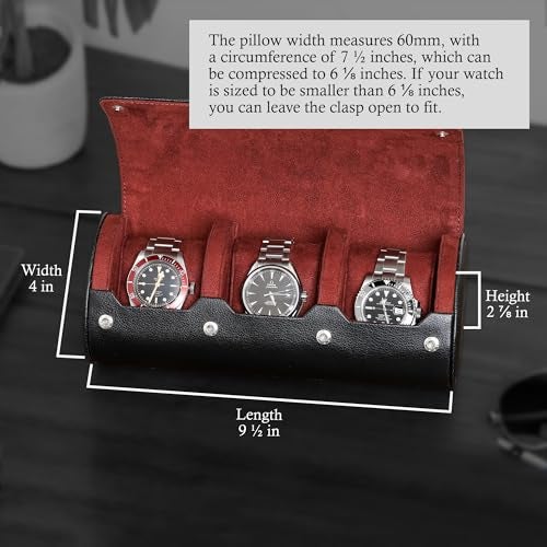 ROTHWELL Watch Roll Travel Case for 3 Watches | Tough Portable Protection, Fits All Wrist Watch & Smart Watches Up to 50mm (Black/Red) - Image 2