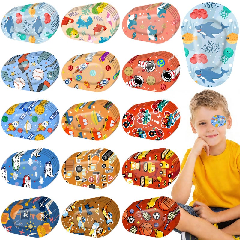 LifeisLuck 75 Pcs Adhesive Eye Patches for Kids Boys, 15 Cute Styles, 3 x 2 Inch Latex Free Breathable Cotton Adhesive Eye Patch for Amblyopia Lazy Eye, Light Blocking Disposable Eye Pad for Toddler Boys - Image 1