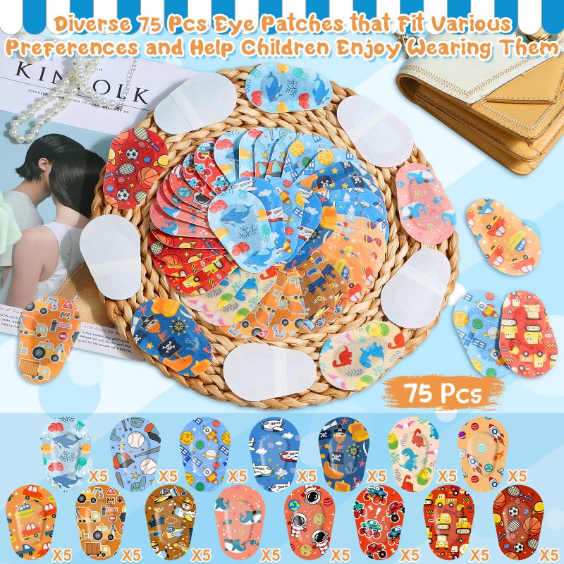 LifeisLuck 75 Pcs Adhesive Eye Patches for Kids Boys, 15 Cute Styles, 3 x 2 Inch Latex Free Breathable Cotton Adhesive Eye Patch for Amblyopia Lazy Eye, Light Blocking Disposable Eye Pad for Toddler Boys - Image 5