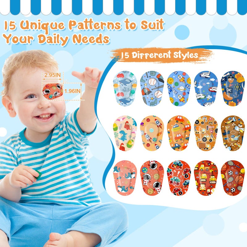 LifeisLuck 75 Pcs Adhesive Eye Patches for Kids Boys, 15 Cute Styles, 3 x 2 Inch Latex Free Breathable Cotton Adhesive Eye Patch for Amblyopia Lazy Eye, Light Blocking Disposable Eye Pad for Toddler Boys - Image 2