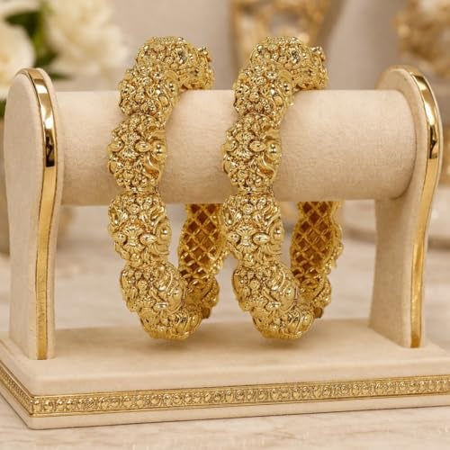 ACCESSHER Gold Plated Traditional and Ethnic Jewellery Inspired Antique Finish Screw Closure Statement Kada/Bangles/Festive Bangles Set of 2 for Women| Idel Gift for Karwachaucth (Design 2) - Image 3