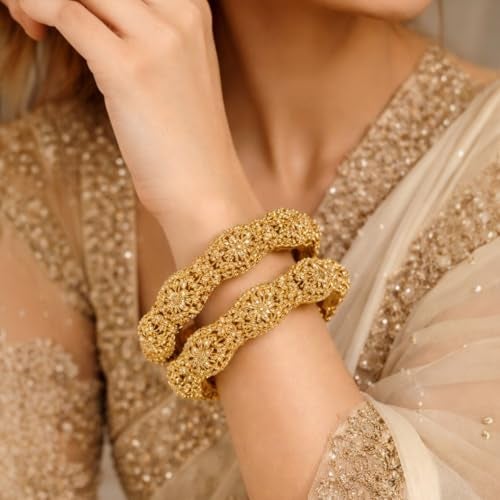 ACCESSHER Gold Plated Traditional and Ethnic Jewellery Inspired Antique Finish Screw Closure Statement Kada/Bangles/Festive Bangles Set of 2 for Women| Idel Gift for Karwachaucth (Design 2) - Image 2