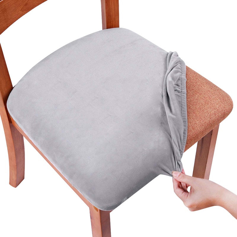 Smiry Velvet Seat Covers for Dining Room Chair Set of 6 Stretch Fit Removable Washable Chair Seat Cushion Protector Slipcovers with Ties Light Grey