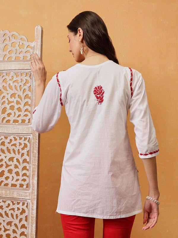 Ada Hand Embroidered Lucknowi Chikankari Cotton Short Kurti Top Tunic for Women A911478 White & Red (L) - Image 2