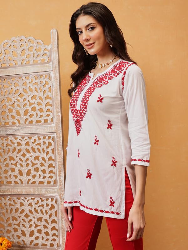 Ada Hand Embroidered Lucknowi Chikankari Cotton Short Kurti Top Tunic for Women A911478 White & Red (L) - Image 4