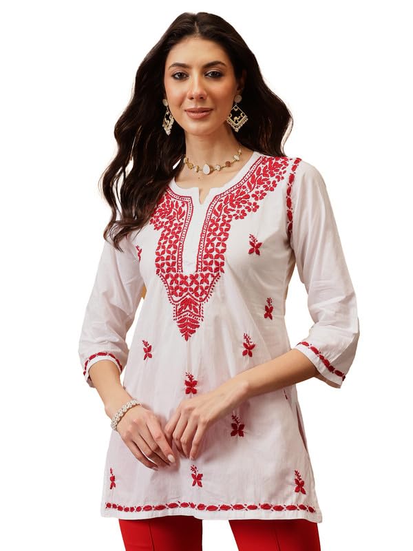 Ada Hand Embroidered Lucknowi Chikankari Cotton Short Kurti Top Tunic for Women A911478 White & Red (L) - Image 1