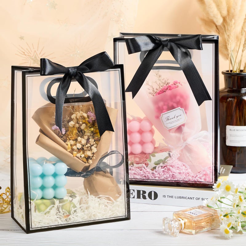 Ohuimrt 12 Pack Clear Plastic Gift Bags with Handles, Reusable Party Favor Bags with Ribbon for Birthday, Wedding, Bachelorette Party, 10.2 x 7.1 x 3.1 Inch (Black) - Image 5