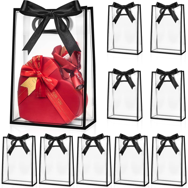Ohuimrt 12 Pack Clear Plastic Gift Bags with Handles, Reusable Party Favor Bags with Ribbon for Birthday, Wedding, Bachelorette Party, 10.2 x 7.1 x 3.1 Inch (Black) - Image 1