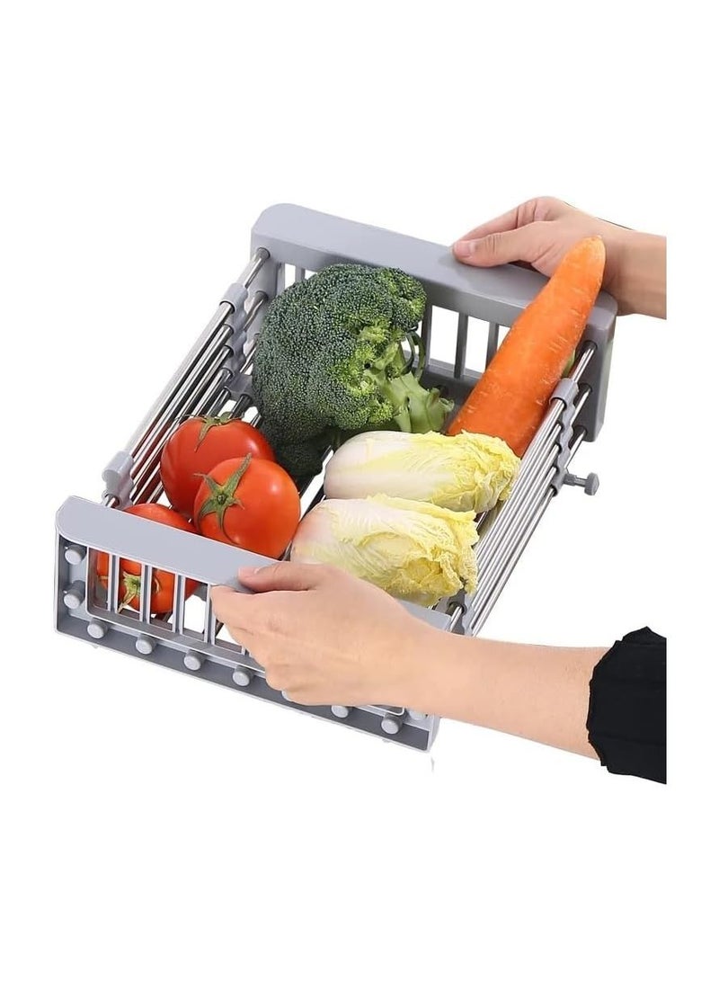 فيو حوض قابل للتمديد من الفولاذ المقاوم للصدأ ومصفاة بلاستيكية قابلة للتعديل فوق مصفاة الحوض وصرف الغسيل وسلة جافة للفواكه والخضروات والسلطات الخضراء باللون الرمادي - Image 1