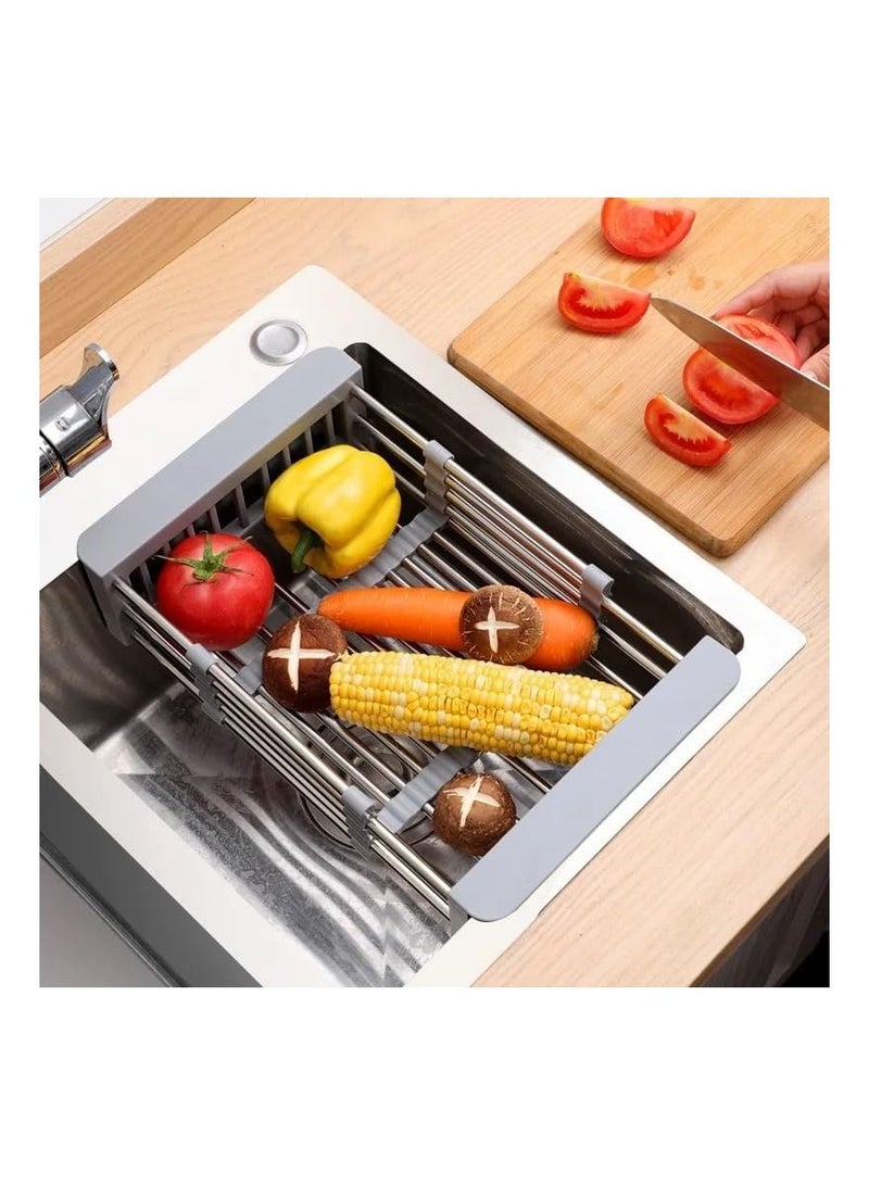 فيو حوض قابل للتمديد من الفولاذ المقاوم للصدأ ومصفاة بلاستيكية قابلة للتعديل فوق مصفاة الحوض وصرف الغسيل وسلة جافة للفواكه والخضروات والسلطات الخضراء باللون الرمادي - Image 3