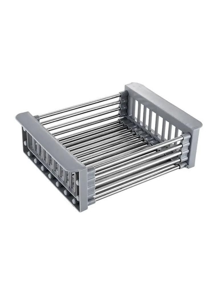 فيو حوض قابل للتمديد من الفولاذ المقاوم للصدأ ومصفاة بلاستيكية قابلة للتعديل فوق مصفاة الحوض وصرف الغسيل وسلة جافة للفواكه والخضروات والسلطات الخضراء باللون الرمادي - Image 2