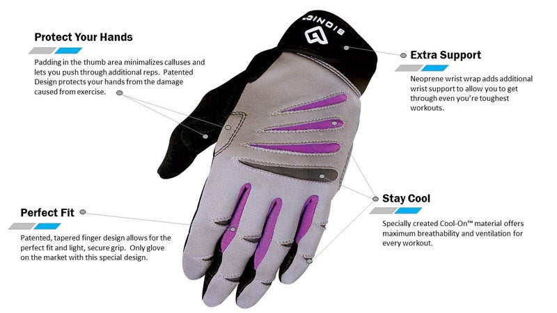 Bionic Women's Cross-Training Full Finger Gloves, Gray/Purple, Large - Image 2