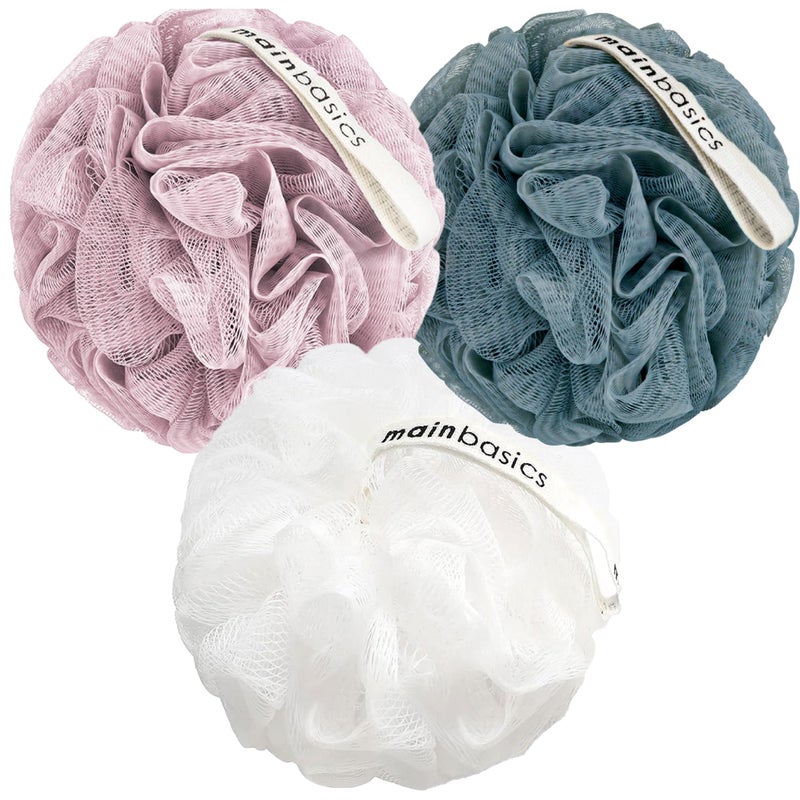 MainBasics Bath Shower Loofah Sponge Pouf Body Scrubber Exfoliator Body Wash Sponge Set of 3 Airy Blossom