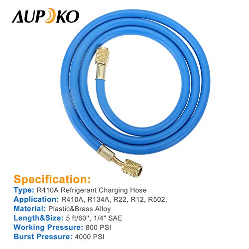 Aupoko R410A AC Refrigerant Charging Hoses, 60’’ R410A HVAC Charging Hose with 1/4’’ SAE Flare, with 800 PSI Working Pressure for R410A R22 R134A R12 R502 Air Condition System - Image 4