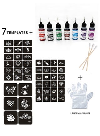 Temporary Tattoo Kit / Waterproof Lasting 3-7 Days (Natural Botanical) Includes 48 Pieces Free Stencils / Temporary Tattoo Ink 7 Bottles 7 Colors Suitable for Kids and Adults (0.5oz Each Bottle) - view 3