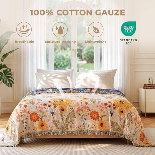 LUTBM Boho Throw Blanket for Couch Sofa Chair Cotton Summer Breathable Blankets for Bedroom Living Room All Season Soft Lightweight Reversible Floral Embroidery Throws Home Decor 50x60 - Image 3