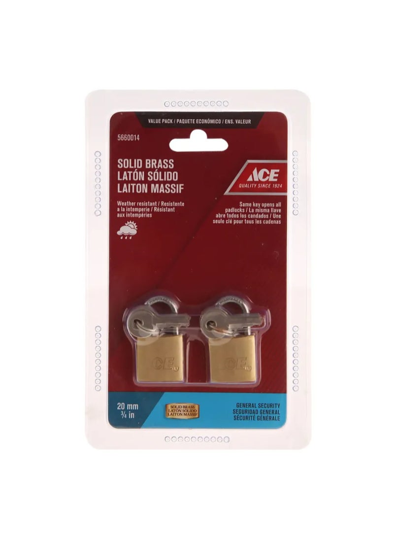 ACE ACE Solid Brass Padlock Pack 20mm 2Pcs 