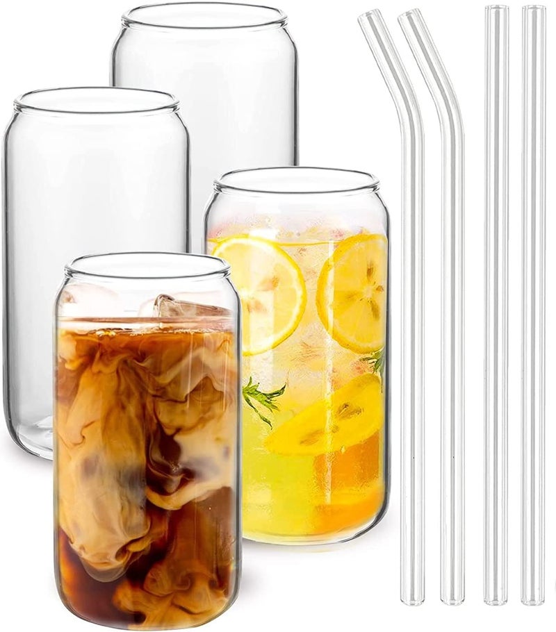CYNFLEES Glasses Cup with Straws Drinking Glass 400 ml Beer Glass Can with Glass Straw set Soda Cococola Tea and Coffee Glass Sipper Tumbler Mug Fruit Juice Milk Mug with Straw Transparent Beer can 2 pcs - Image 4