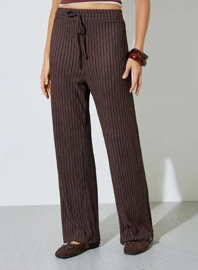 Styli Brown Textured Wide Leg Drawstring Pants