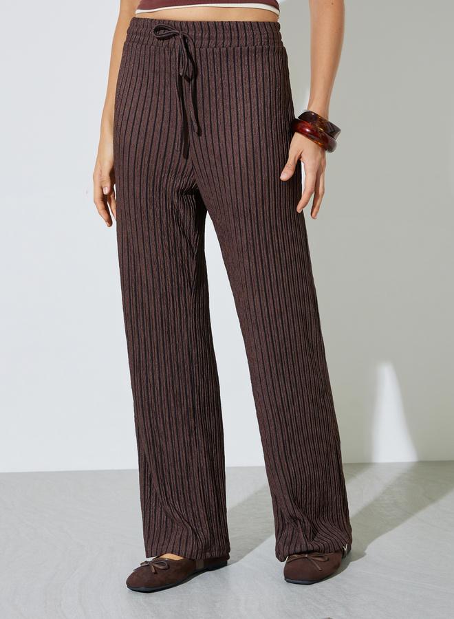 ستايلي بنطال واسع الساق ملمس برباط سحب - بني - Image 2